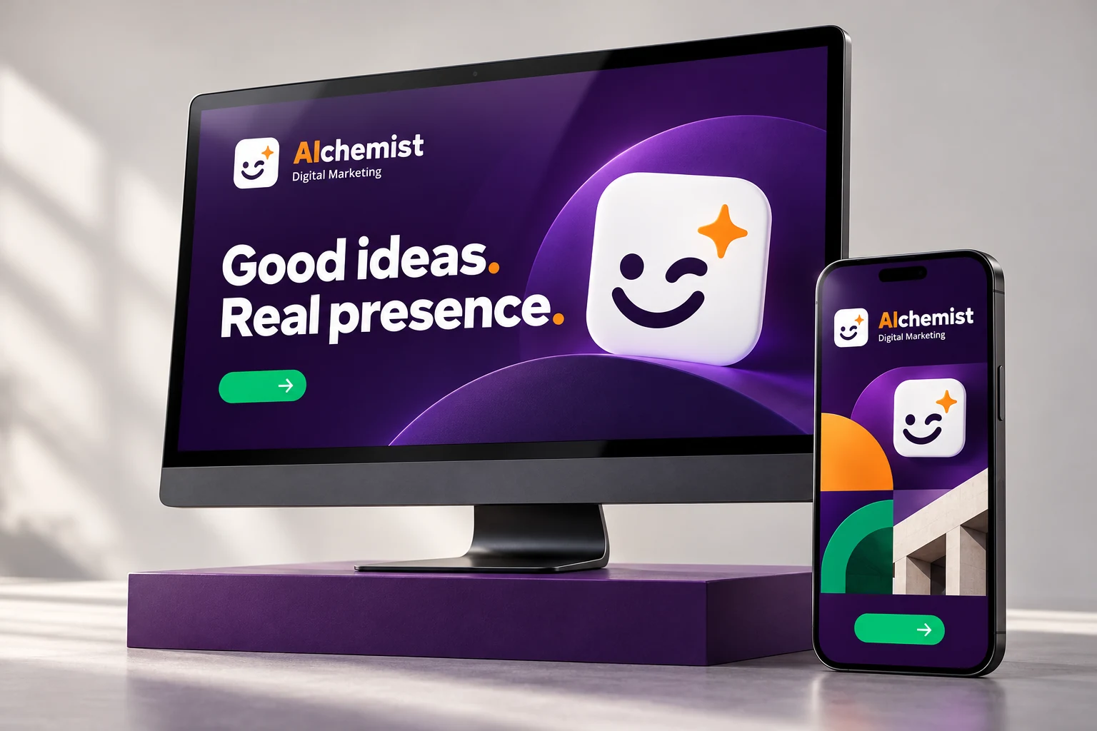 Purple AIchemist identity repeated across desktop and phone website mockups